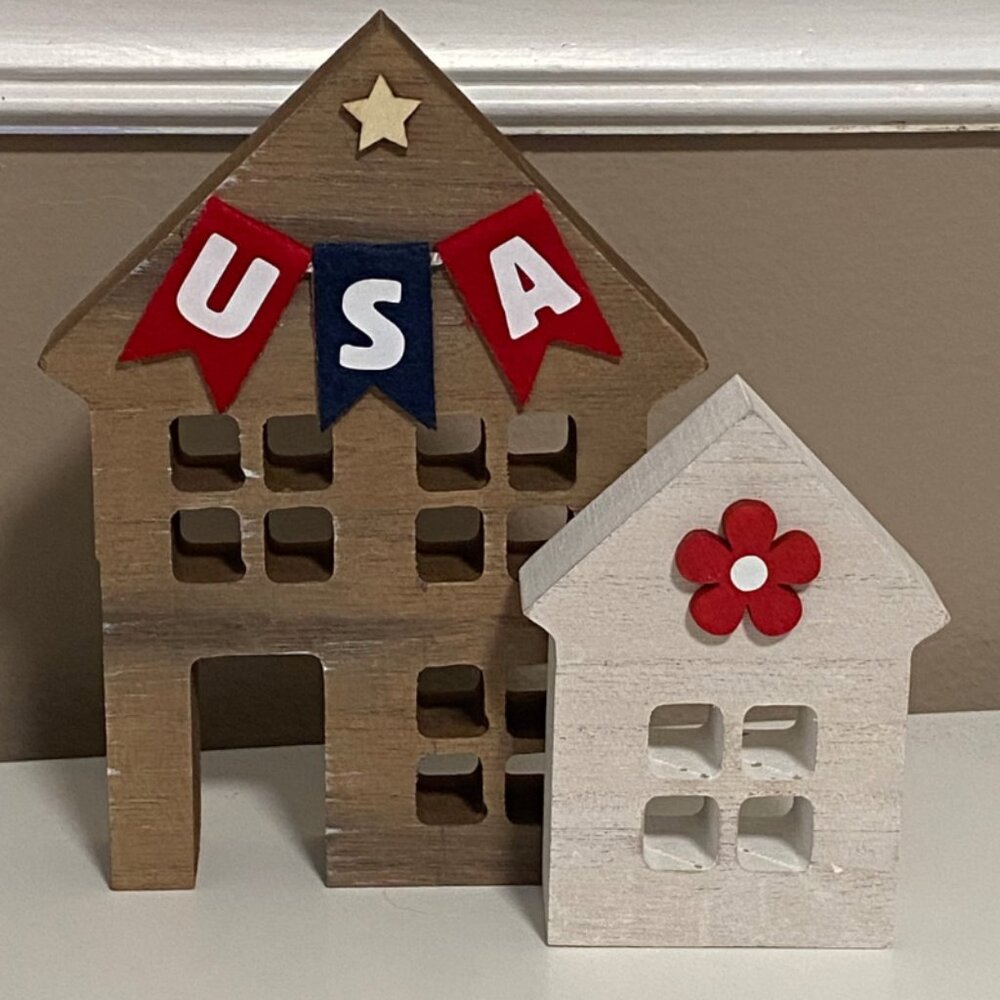 Set of Two Wooden Houses - Patriotic Tiered Tray Decor July 4th Wood Houses USA